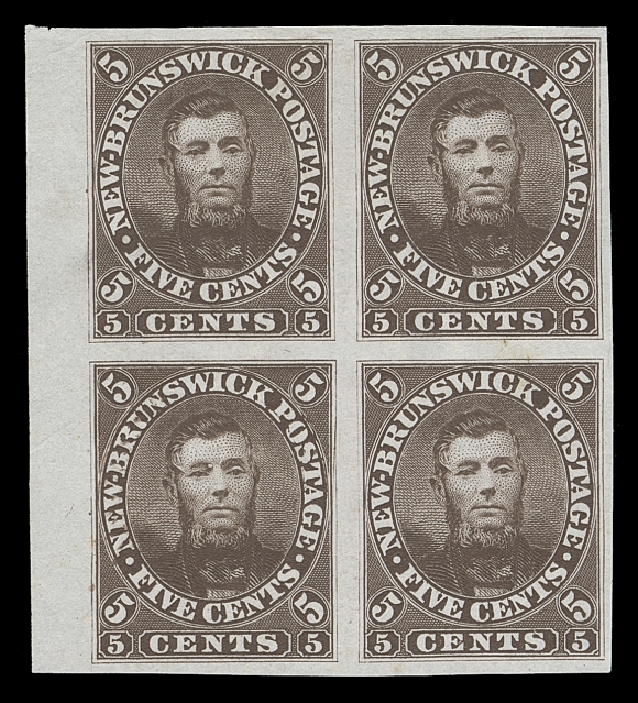 NEW BRUNSWICK  5P, ix,Plate proof block of four in dark brown on india paper, sheet margin at left, displaying a Major Re-entry (Position 61) on the lower left stamp with very clear marks in the lettering at the top half of stamp, VF
