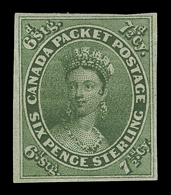 CANADA  9a,A premium mint example of this rare classic stamp, printed in the distinctive darker shade and displaying a bold impression on fresh paper, well margined and remarkably retaining full original gum. A desirable stamp with superior physical traits, very seldom encountered as such, VF LHExpertization: 1974 BPA and 2018 Greene Foundation certificatesA BEAUTIFUL MINT EXAMPLE OF THE SEVEN AND ONE HALF PENNY IN THE DARK GREEN SHADE WITH FULL ORIGINAL GUM.