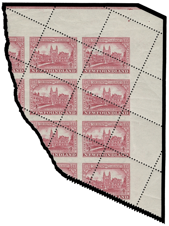 NEWFOUNDLAND  215 variety,Corner margin positional multiple with showing a dramatic  pre-perforation paper fold resulting in a most dramatic  misperforation error, slanting and shifted, torn along left side  and some creasing, without a doubt, one of the very best  perforation shifts we recall seeing on a Newfoundland stamp, Mint NH, a unique item ideal for an exhibit