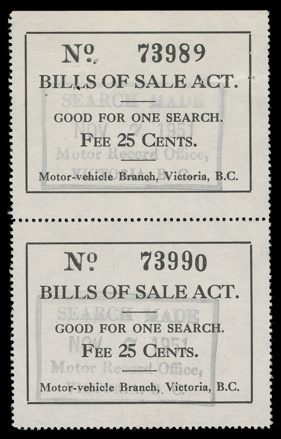CANADA REVENUES (PROVINCIAL)  BBS1, BBS1a,1950 25c Black on white unwatermarked paper, perf 12½ "Bills of Sale Act." imprint vertical pair with natural straight edge at top, customary staple holes on upper stamp only, lower stamp shows a large portion of the papermaker