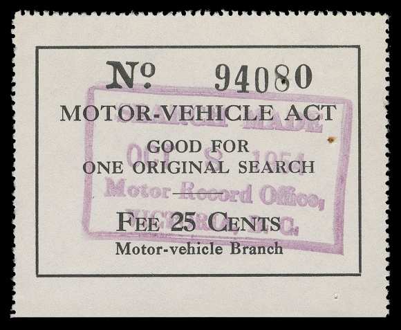 CANADA REVENUES (PROVINCIAL)  BMV1,1950 25c Black on white unwatermarked paper, perf 12½, "Motor-Vehicle Act" imprint, natural straight edge at foot, customary staple holes, couple nibbed perfs at left, neat Motor Record Office, Victoria, B.C. OCT 8 1954 datestamp in violet, rare and undervalued, VF