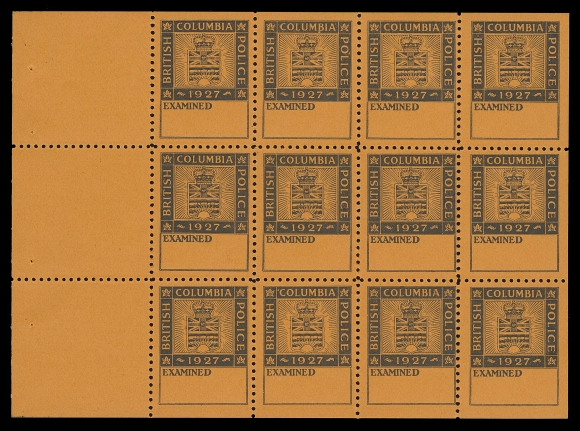 CANADA REVENUES (PROVINCIAL)  BCP1,Black on orange, an intact and remarkably choice mint booklet pane of twelve, very few exist, VF+ NH; ex. Wilmer C. Rockett (Part I, September 1999; Lot 283)