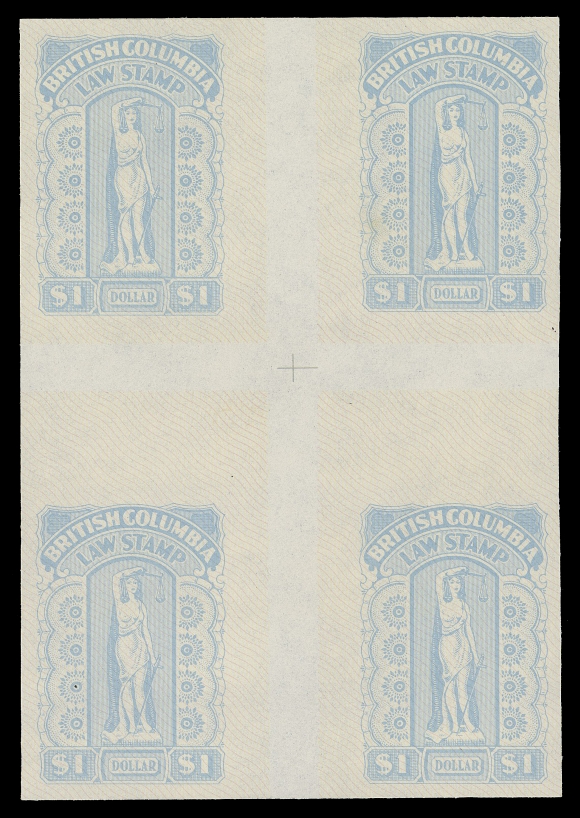 CANADA REVENUES (PROVINCIAL)  BCL63b,A remarkable cross gutter imperforate block of four, guidelines at centre, in pristine condition and very rare, VF NH (unlisted as a cross gutter block)