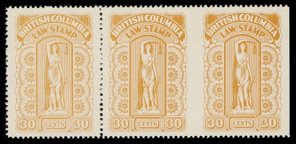 CANADA REVENUES (PROVINCIAL)  BCL38a,A beautifully fresh and well centered mint horizontal strip of three, imperforate vertically between second and third stamps, full pristine original gum, XF NH