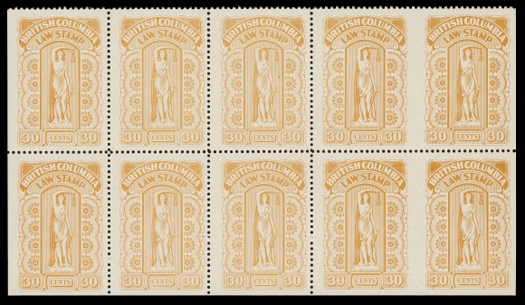 CANADA REVENUES (PROVINCIAL)  BCL38a,Bottom of pane mint block of ten (5 x 2) imperforate vertically in error between fourth & fifth columns, couple stamps hinged, both key perforation error pairs are NH, VF