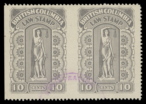 CANADA REVENUES (PROVINCIAL)  BCL37b,Horizontal pair imperforate vertically between, light unobtrusive purple cancellation, much scarcer than mint, VF