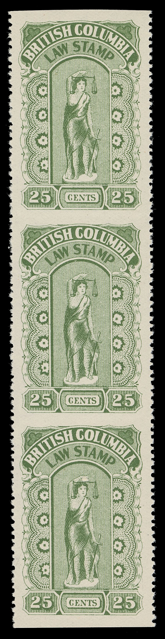 CANADA REVENUES (PROVINCIAL)  BCL23b,A well centered, brilliant fresh mint vertical strip of three imperforate horizontally in error. According to Bileski (notes enclosed) eight pairs or strips are all that exist; we doubt one can find a finer example of this perforation error in such choice condition, XF NH (Van Dam cat. for a pair only)
