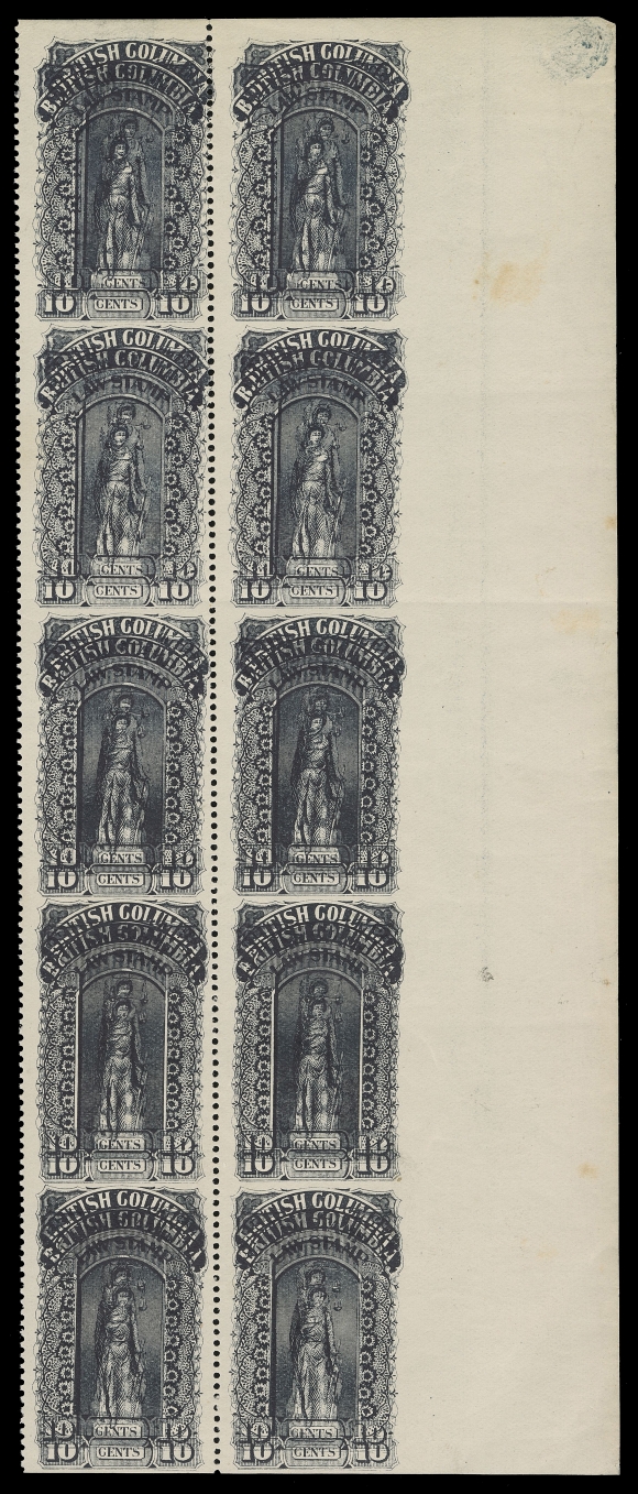 CANADA REVENUES (PROVINCIAL)  BCL16c, BCL16d variety,A spectacular mint block of ten (2 x 5) IMPERFORATE HORIZONTALLY and IMPERFORATE VERTICALLY between stamps and right sheet margin, also DOUBLE PRINTED in error with two distinct impressions; horizontal crease just touching bottom frame of second row. Among the most dramatic of all items of British Columbia Revenues, F-VF NH (Van Dam unpriced mint and unlisted imperforate horizontally)