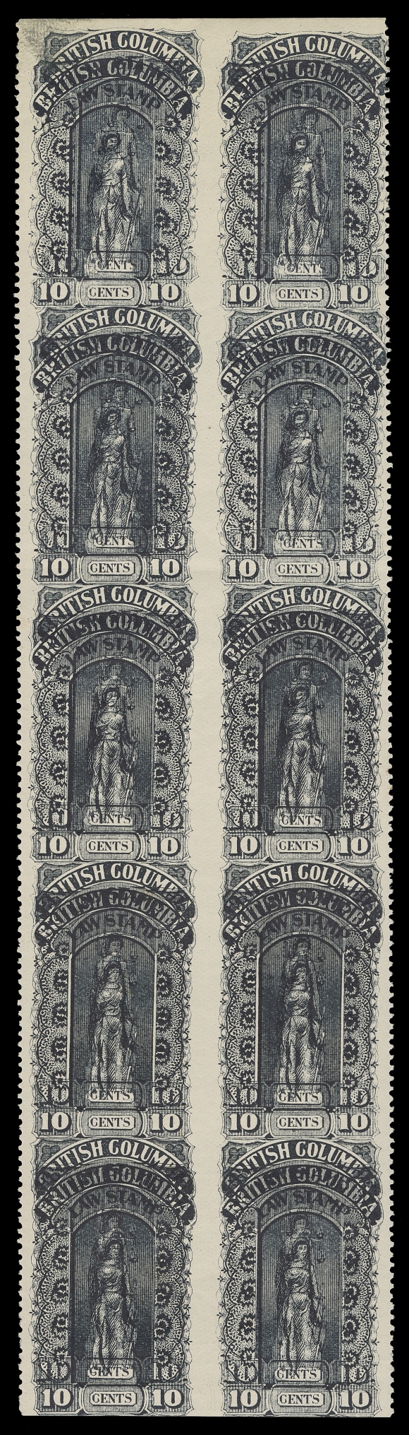 CANADA REVENUES (PROVINCIAL)  BCL16c, d, variety,An outstanding mint block of ten (2 x 5) IMPERFORATE VERTICALLY between, also IMPERFORATE HORIZONTALLY (unlisted) as well as displaying a striking DOUBLE PRINT error with two distinctive impressions, horizontal crease along bottom frameline of second row, a few gum wrinkles, couple tone spots, top pair LH, otherwise NEVER HINGED. Certainly among the most dramatic items of British Columbia Law Stamps and especially desirable with combination of printing and perforation errors, Fine (Van Dam double print and imperforate vertically both unpriced mint; unlisted with both errors combined)