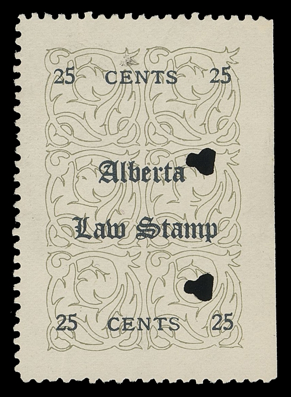 CANADA REVENUES (PROVINCIAL)  AL11 variety,A well centered example with intact perforations on three sides, natural straight edge at right (Position 6 in the pane of 12), punch cancel, shows the constant small "2" in "25" at top left and right, fresh and choice, VF; 2007 Greene Foundation cert. (as normal AL11) (Van Dam list this variety on the other more common colours; unlisted on this key stamp)