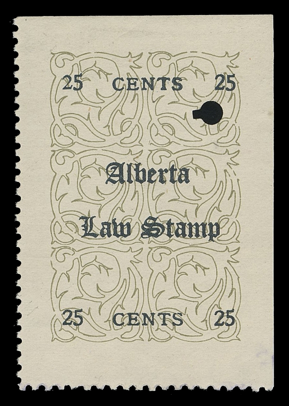 CANADA REVENUES (PROVINCIAL)  AL11 variety,A well centered example, natural straight edges top and right (Position 3), with the constant small "2" variety at upper left, VF (Van Dam lists this variety on the more common colours; unlisted on this key stamp)