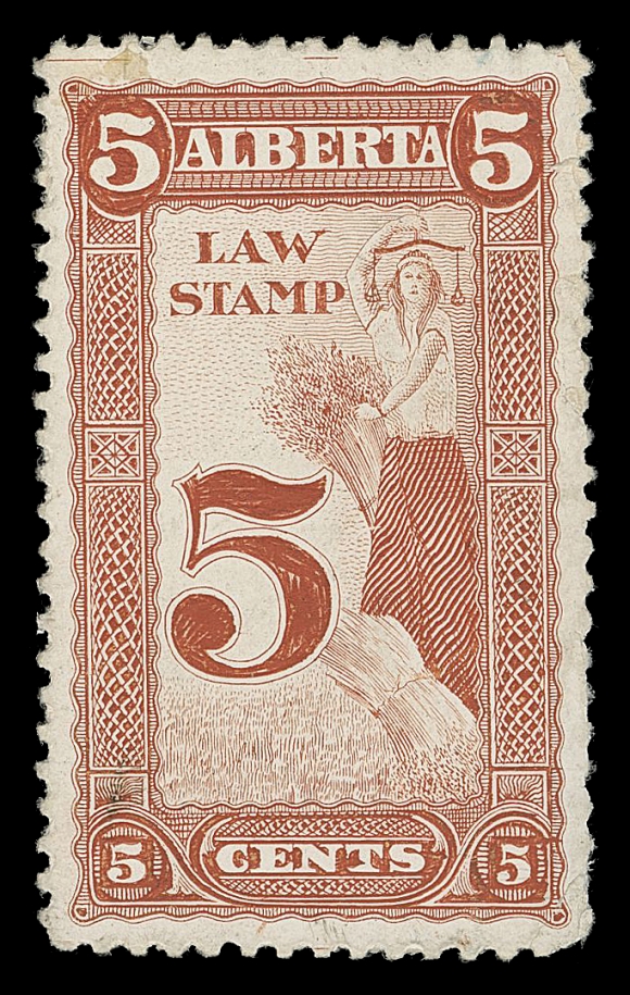 CANADA REVENUES (PROVINCIAL)  Two different engraved essays printed in red and in brown on white enamel surfaced thick soft paper, perf 11¾ and ungummed. Trivial peripheral flaws, immaterial for these UNIQUE essays, reported by Van Dam to have been prepared by the Bullman Brothers of Winnipeg, Manitoba, F-VF and perfect for exhibition

Reference: Illustrated and briefly discussed in Canadian Revenue Newsletter, No. 62, September 2008, page 1.
