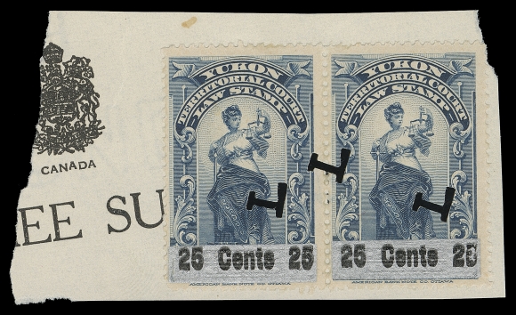 CANADA REVENUES (PROVINCIAL)  YL13a,A used pair punch cancelled "L" on document piece, showing double black overprint variety; also a normal pair with similar cancel and on piece for comparison, scarce variety especially in a multiple, F-VF