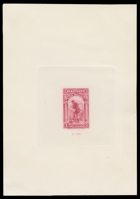 CANADA REVENUES (PROVINCIAL)  YL6,Large trial colour die proof on india paper 75 x 76mm die sunk on large card 130 x 185mm, small card tears at right away from die sinkage (could easily be trimmed), die number "F-159" below design; rare and appealing, F-VF; ex. Dr. Frank Shively (June 2012; Lot 609)