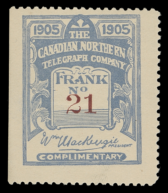 CANADA TELEPHONE AND TELEGRAPH FRANKS  TNR2,A scarce, selected mint single, serial "21" number (the highest number recorded by Zaluski), natural straight edge at left, relatively lightly hinged, VF