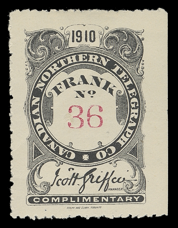 CANADA TELEPHONE AND TELEGRAPH FRANKS  TNR7,A fresh, well centered mint single, serial number "36", light bends, a scarce telegraph stamp, VF hinged