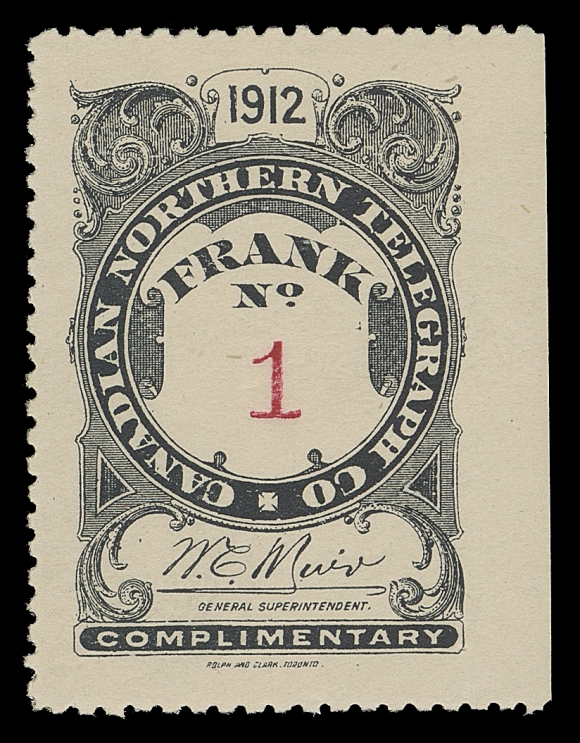 CANADA TELEPHONE AND TELEGRAPH FRANKS  TNR9,A choice mint single, the coveted low serial number "1", natural straight edge right, VF hinged