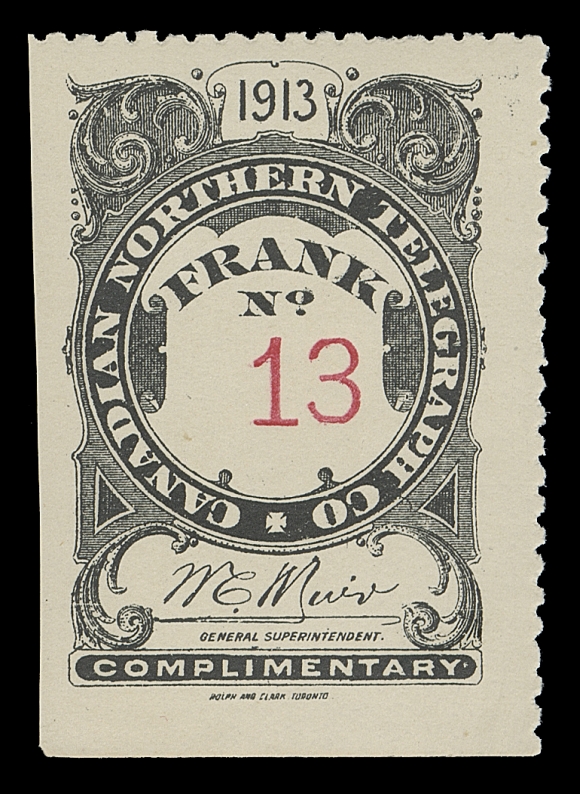 CANADA TELEPHONE AND TELEGRAPH FRANKS  TNR10,A mint single, serial number "13", natural straight edge on two sides, couple nibbed perfs at top, VF LH