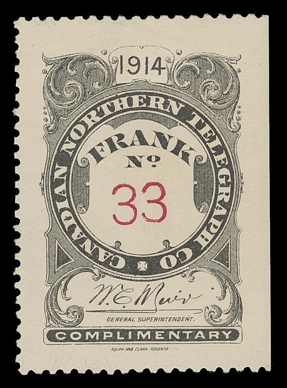 CANADA TELEPHONE AND TELEGRAPH FRANKS  TNR11,An unusually choice mint single, serial number "33" (the highest number recorded by Zaluski), natural straight edge right, very scarce this nice, XF LH