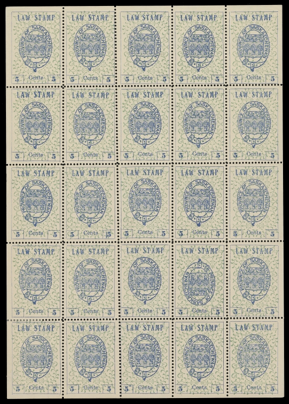 CANADA REVENUES (PROVINCIAL)  SL1, 1a,Complete mint pane of 25 showing the "Coat of Arms" INVERTED CENTRE at Position 19, top centre stamp with tiny gum thins, three stamps are hinged, the other stamps including the error are NH. A fabulous sheet and a great rarity, VF

The inverted centre is listed in Van Dam catalogue, but unpriced mint, let alone in a sheet.