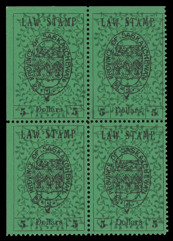 CANADA REVENUES (PROVINCIAL)  SL2-SL12 + varieties,First printing set of eleven blocks of four (only missing the 5c value, offered as a sheet in this sale), all upper left position, with brilliant fresh colours, several blocks very lightly hinged on top left stamp, all other stamps with full pristine original gum NEVER HINGED. A rare assembly. (Van Dam cat. $16,525 as normal stamps, without premium for inverted background or broken buckle varieties)

Position 1 of each block shows the inverted background variety - a premium of 50% minimum should be given. The "Broken Buckle" variety is also visible on each at Position 1 (erroneously identified in Van Dam as pos. 2).