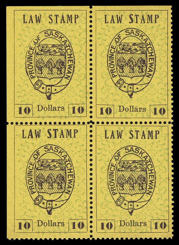 CANADA REVENUES (PROVINCIAL)  SL2-SL12 + varieties,First printing set of eleven blocks of four (only missing the 5c value, offered as a sheet in this sale), all upper left position, with brilliant fresh colours, several blocks very lightly hinged on top left stamp, all other stamps with full pristine original gum NEVER HINGED. A rare assembly. (Van Dam cat. $16,525 as normal stamps, without premium for inverted background or broken buckle varieties)

Position 1 of each block shows the inverted background variety - a premium of 50% minimum should be given. The "Broken Buckle" variety is also visible on each at Position 1 (erroneously identified in Van Dam as pos. 2).