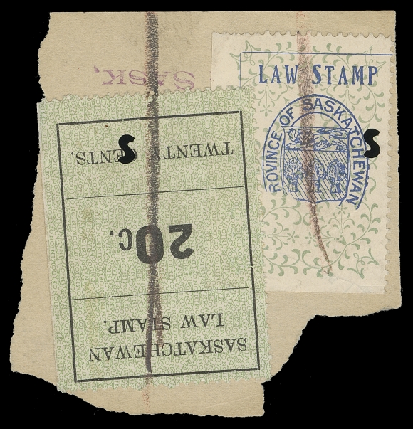 CANADA REVENUES (PROVINCIAL)  SL13 variety,An impressive lower left sheet single (Pos. 21 in the pane of 25) showing portion of blue Coat of Arms and both value tablets missing, horizontal frameline and "Cents" being omitted to dramatic effect; with single 20c black (large "0" in "20") typeset partially overlapping usage on piece, each with crayon and "S" punch cancels. An outstanding printing error quite likely UNIQUE, F-VF