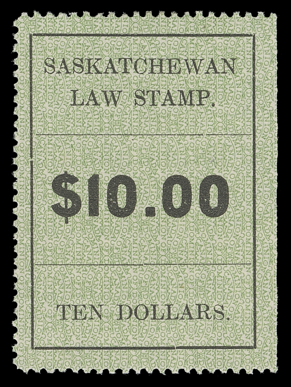 CANADA REVENUES (PROVINCIAL)  SL31, 31a,Mint singles, large zeros perforated all around, reasonably centered with full original gum, lightly hinged; and zeros same size as "1" with natural straight edge at right, gum thin from hinge removal; a very scarce duo, F-VF

Calder reported that only 100 stamps of the $10 Law stamp were printed (including the numeral font variety).