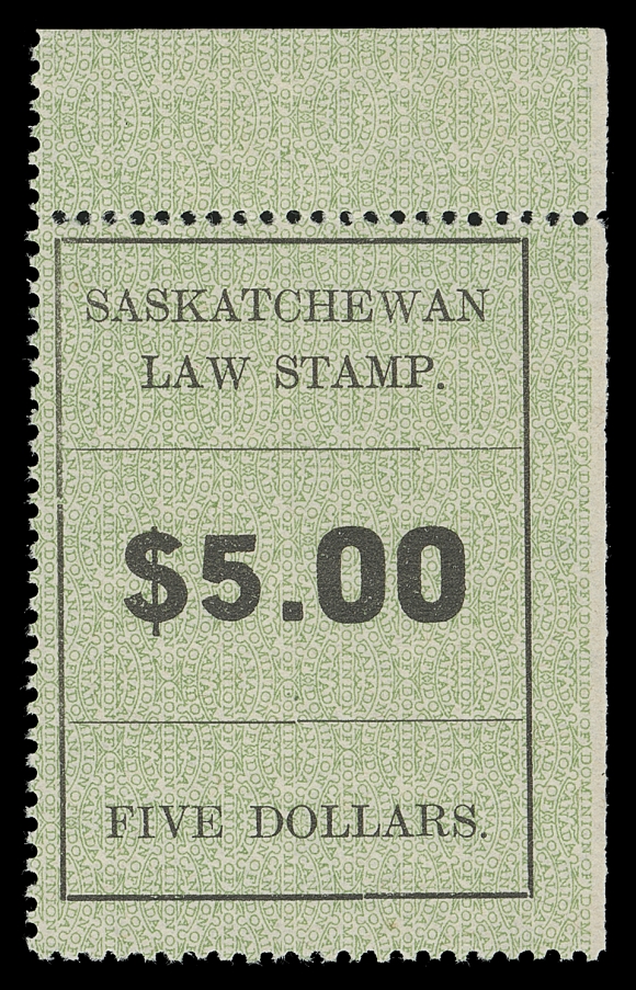 CANADA REVENUES (PROVINCIAL)  SL30,A remarkable mint positional example with sheet margin at top and natural straight edge at right, very scarce, F-VF OG

Only 100 were printed (two sheets of 50); only one other such positional example can exist mint or used.