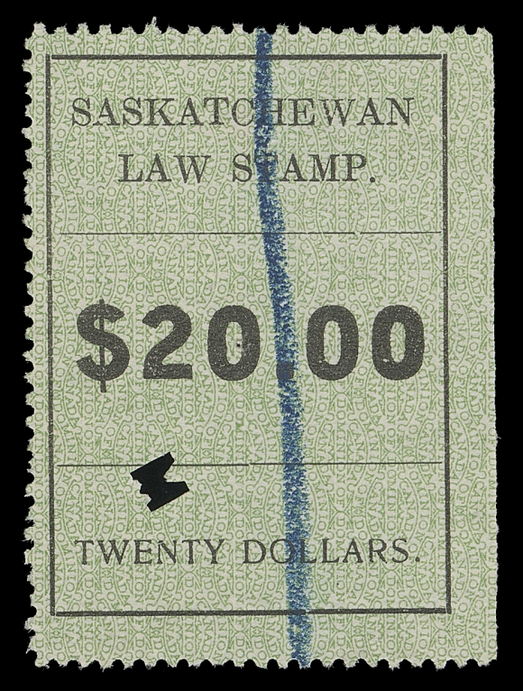 CANADA REVENUES (PROVINCIAL)  SL32a,A nicely centered example, zeros same size as "2" with single punch "M" and crayon cancels; of the 100 printed $20 Law Stamps only 20 show smaller zeros, F-VF