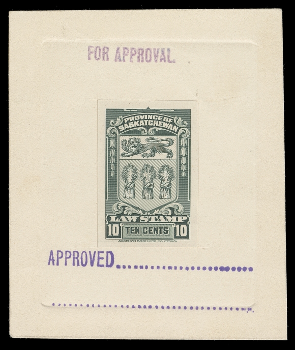 CANADA REVENUES (PROVINCIAL)  SL34,Trial colour die proof 29 x 43mm mounted on sunken card 80 x 95mm, handstamped "FOR APPROVAL" and "APPROVED..." and on back "Approved by A.S.? SEP 10 1907". Quite likely unique, VF