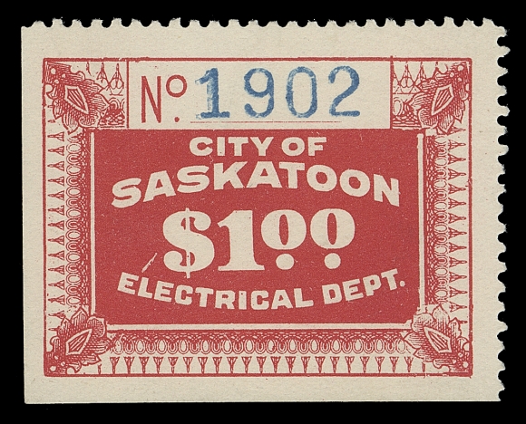 CANADA REVENUES (PROVINCIAL)  SE5,A remarkably choice mint single, serial umber "1902", ungummed as issued; one of the finest existing examples of this very scarce revenue, XF
