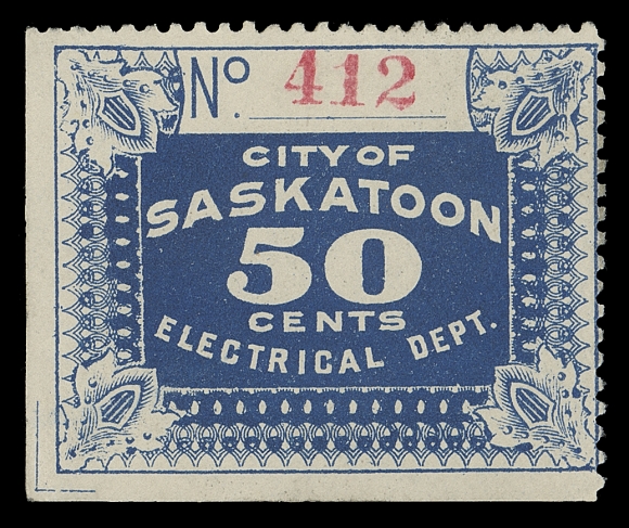 CANADA REVENUES (PROVINCIAL)  SE2,A mint single with serial number "412", ungummed as issued, small black smear on back, natural straight edge on two sides (lower left position in the pane of four), Fine and very scarce