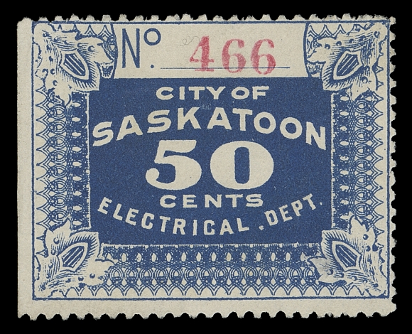 CANADA REVENUES (PROVINCIAL)  SE2 + variety,Mint single with serial number "466", ungummed as issued, small thin, natural straight edge on left (upper left position in the pane of four), shows period between "ELECTRICAL" & "DEPT." variety listed in Zaluski handbook. This example is the one pictured in the Van Dam catalogue, Fine and very scarce