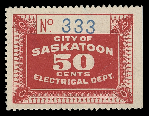 CANADA REVENUES (PROVINCIAL)  SE4,A  well centered mint single with serial number "333", ungummed as issued, faint crease, a beautiful revenue stamp, very scarce, VF