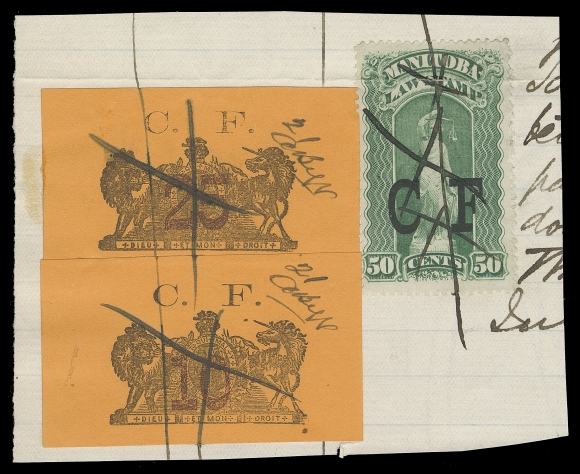 CANADA REVENUES (PROVINCIAL)  ML13, ML15,Two choice used examples used on fragment of document beside a 50c green "CF" overprint, manuscript cancelled, numbered "21" and signed "A. Begg". A rare and most appealing usage, VF; 2011 Erling Van Dam cert.

Provenance: Isaac Pitblado collection (as stated on certificate)