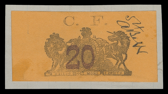 CANADA REVENUES (PROVINCIAL)  ML14,A very rare example uncancelled on piece, numbered "54" and signed "A. Begg" in manuscript, choice. One of the very few existing unused examples among the 1877 Provisionals, VF; 2011 Erling Van Dam cert.

Provenance: Isaac Pitblado collection (as stated on certificate)