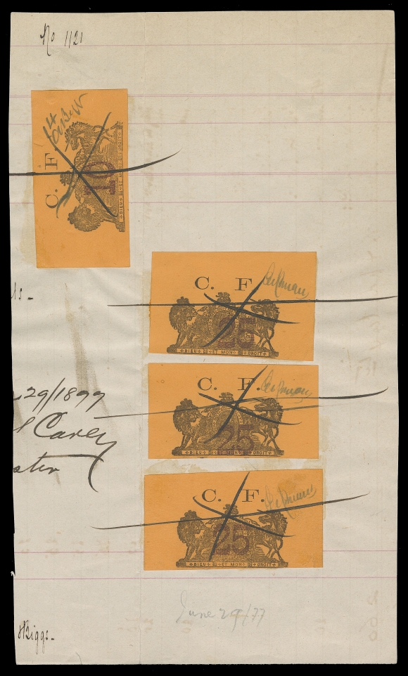CANADA REVENUES (PROVINCIAL)  ML18, ML18a, ML13,An outstanding multiple usage on part legal document, consisting of a large margined 10c numbered "4" and signed "A. Begg" in manuscript, tiny tear at top, together with three examples of the 25c with strong impression on fresh paper, all signed "E. W. Romans" in manuscript, clear to large margins, middle example shows trace of "L S" imprint at foot (whenever present, invariably a trace). One of the most stunning items related to Manitoba 1877 Provisionals, VF