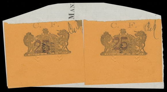 CANADA REVENUES (PROVINCIAL)  ML19,Two remarkably choice examples showing an unusually large portion of sheet margin at foot, without L.S. imprint below design (normally present and intentionally trimmed off most known examples), both initialed "EWR", herringbone & NOV 21 1877 cancels on fragment of document. A striking and rare usage, XF; 2011 Erling Van Dam cert.

Provenance: Isaac Pitblado collection (as stated on certificate)