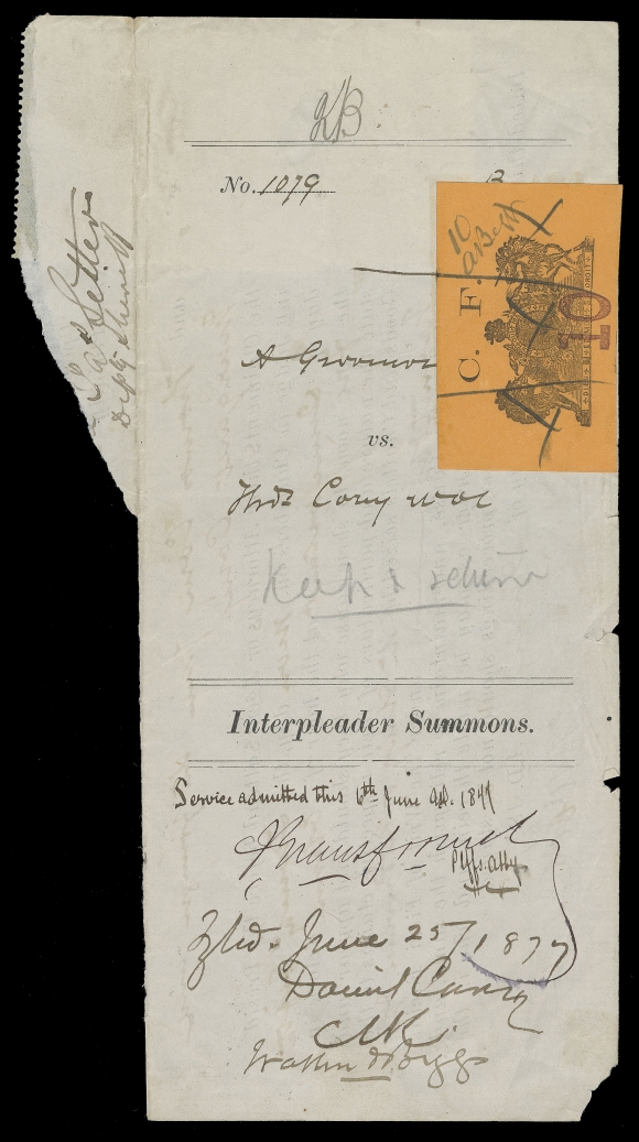 CANADA REVENUES (PROVINCIAL)  ML13,An unusually choice, very large margined single numbered "10" and signed "A. Begg", tied by pen cancels to Interpleader Summons dated June 25, 1877, XF; a 10c green (2) and 20c green with "CF" overprint also affixed and cancelled on reverse. 