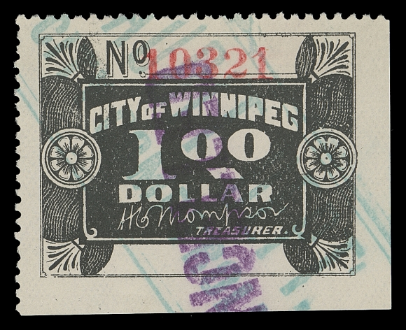 CANADA REVENUES (PROVINCIAL)  MCW3,A well centered used example with serial number "10321", blank white panel at foot, lower right position, two different handstamp cancels. Exceedingly rare - listed but unpriced, VF