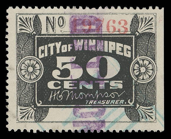 CANADA REVENUES (PROVINCIAL)  MCW2,A well centered used single, serial number "19763", blank white  panel at foot, natural straight edge right, two different  handstamp cancels. Exceedingly rare - listed but still unpriced  used, VF
