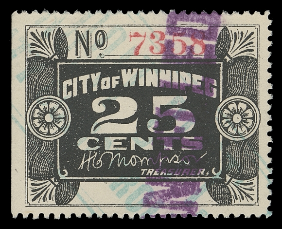CANADA REVENUES (PROVINCIAL)  MCW1,A well centered used example with serial "7358" number, blank white panel at foot, natural straight edge at left, two different handstamp cancels. Exceedingly rare - listed but unpriced, VF