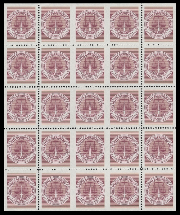CANADA REVENUES (PROVINCIAL)  NSL1b,Full mint sheet of twenty-five IMPERFORATE VERTICALLY between second and fifth columns, resulting in five strips of three with the perforation error; dull white Davac gum. Immaterial corner bend at top right - believed to the ONLY KNOWN INTACT SHEET, VF NH

According to Zaluski, two sheets were discovered, one of which was separated into five horizontal strips.