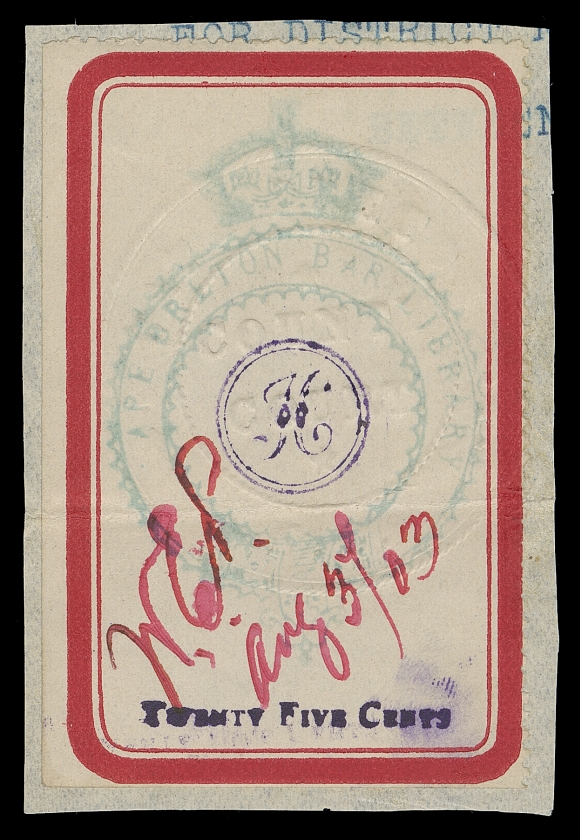 CANADA REVENUES (PROVINCIAL)  NSC1,A used example perforated on two sides, thick red border with "Twenty Five Cents" overprint in dark blue, Crowned crest handstamp with clear albino embossed Court seal and ink monogram at centre, horizontal file crease, used on piece initialed and dated Aug 3 / 03 in red ink, VF and very rare; 2007 Erling Van Dam cert.

This is the actual stamp illustrated in the Van Dam catalogue, one of only 6 examples recorded in a June 2003 census compiled by Christopher Ryan.