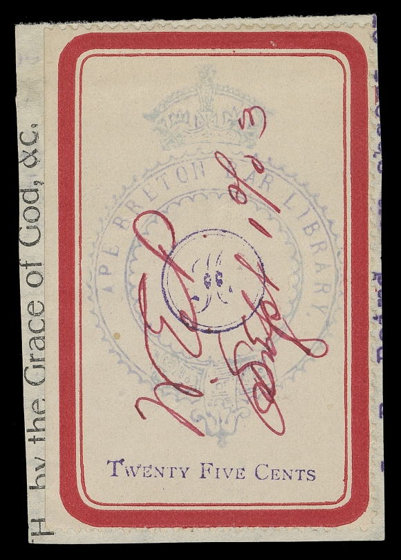 CANADA REVENUES (PROVINCIAL)  NSC1,A used single perforated on three sides, thick red border with "Twenty Five Cents" overprint in dark blue, Crowned crest handstamp with ink monogram at centre, in flawless condition, used on piece initialed and dated 