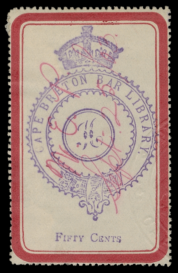 CANADA REVENUES (PROVINCIAL)  NSC2,An exceedingly rare used single in sound condition perforated all around, thick red border, "Fifty Cents" overprint in dark blue with same-ink Crowned crest handstamp, portion of a clear albino embossed Court seal and ink monogram at centre, light paper adherence on back, initialed and dated 