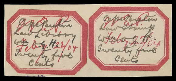 CANADA REVENUES (PROVINCIAL)  NSC6,Two imperforate singles used on fragment of legal document, both sound, thick red borders and handwritten "Law Library" and two-line "Twenty five cents", initialed and dated Feb 22 / 04 in red ink. A remarkable showpiece, VF

A remarkable usage, two examples among the mere 9 that have been recorded in a June 2003 census.