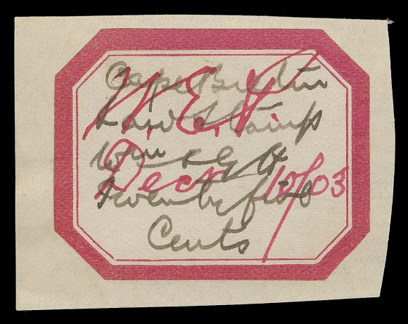 CANADA REVENUES (PROVINCIAL)  NSC4,A choice single used on fragment of legal document, thick red borders, handwritten "Law Stamp" and two-line "Twenty five cents", initialed and dated Dec 10 / 03 in red ink, VF and scarce; 2013 Erling Van Dam cert.