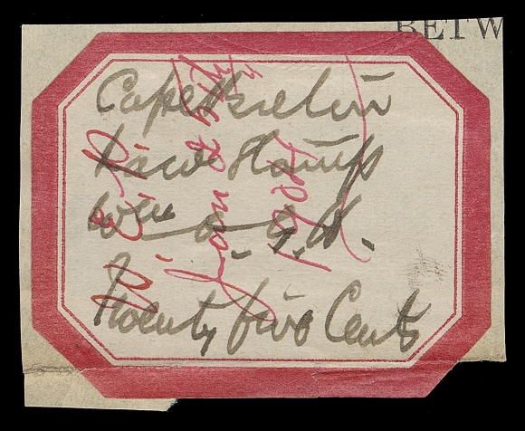 CANADA REVENUES (PROVINCIAL)  NSC4a,An imperforate single used on fragment of legal document, thick red borders, handwritten "Law Stamp" and the exceedingly rare ONE-LINE "Twenty five cents", document fold and small tear at foot, initialed and dated Jan 25th / 1904 in red ink. Very few exist with the one-line spelling, Fine and very rare; 2013 Erling Van Dam cert.